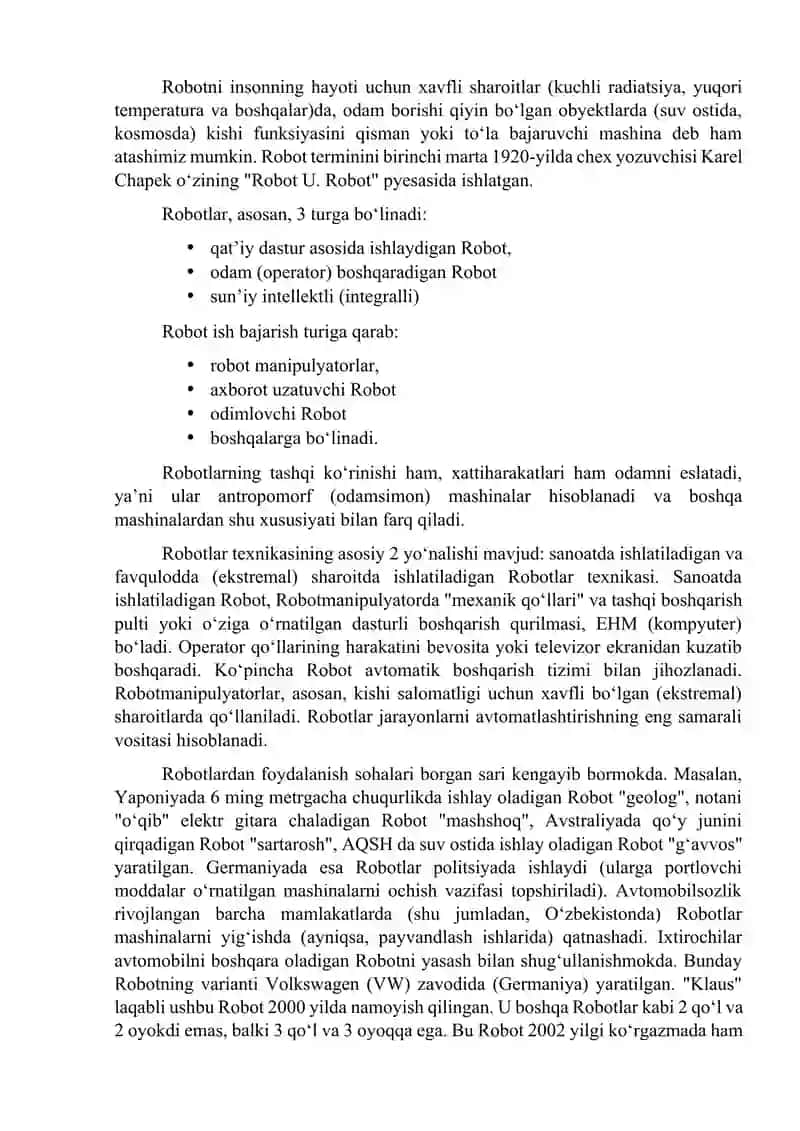 RAQAMLI IQTISODIYOTNING TEXNOLOGIK ASOSLARI, SUN’IY INTELLEKT, ROBOTLAR, UCHUVCHISIZ UCHISH QURILMALARI, VIRTUAL REALLIK, ADDITIV TEXNOLOGIYALAR 3
