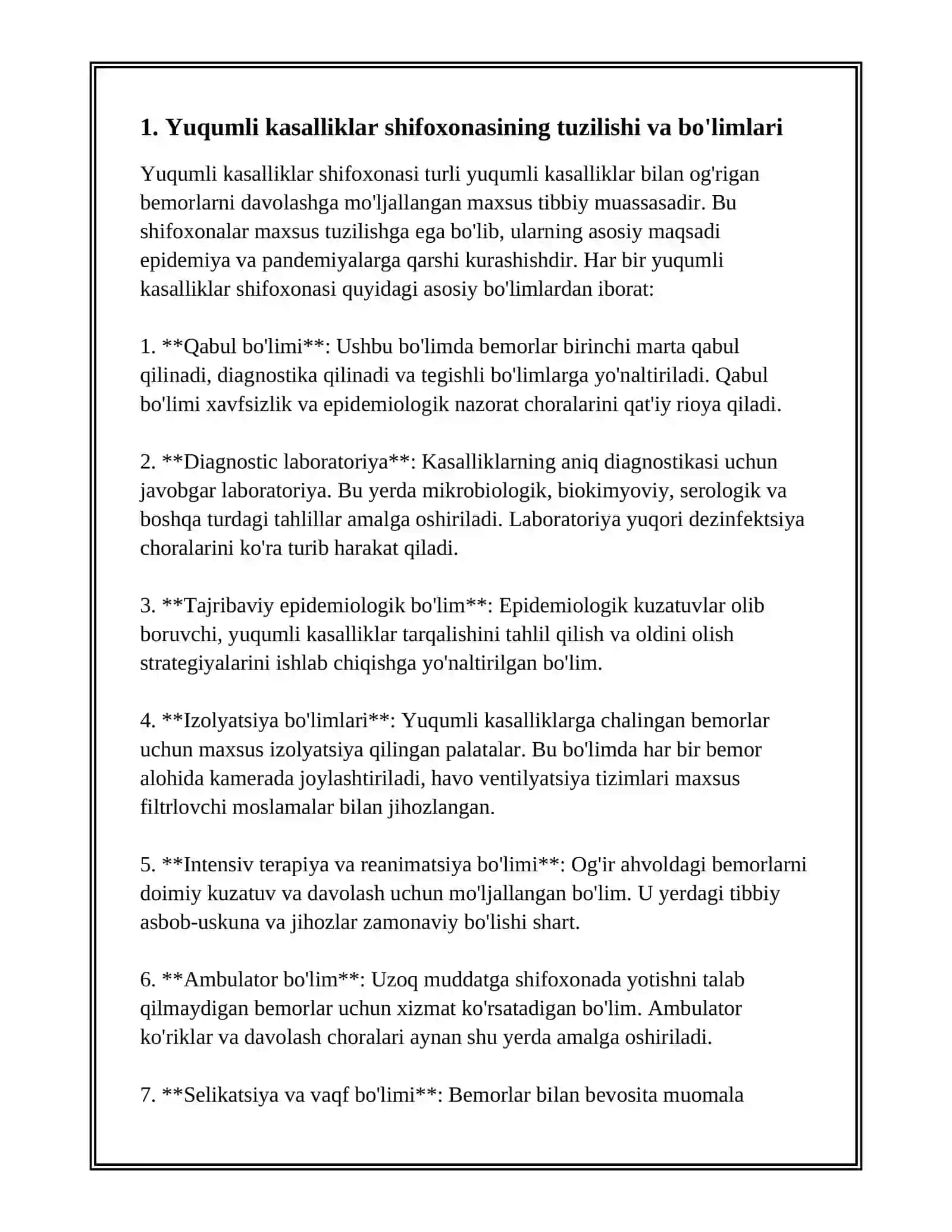 YUQUMLI KASALLIKLAR SHIFOXONASI BILAN TANISHISH. YUQUMLI BO'LIMLARDA EPIDEMIYAGA QARSHI SANITARIYA TARTIBI 3
