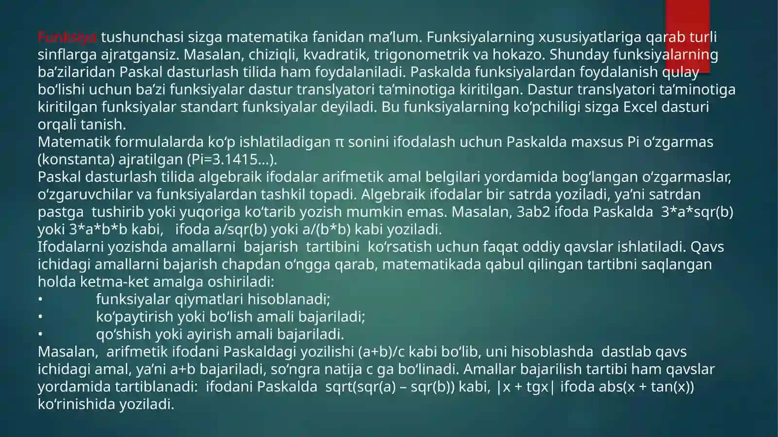 Standart funksiyalar va algebraik ifodalar 3