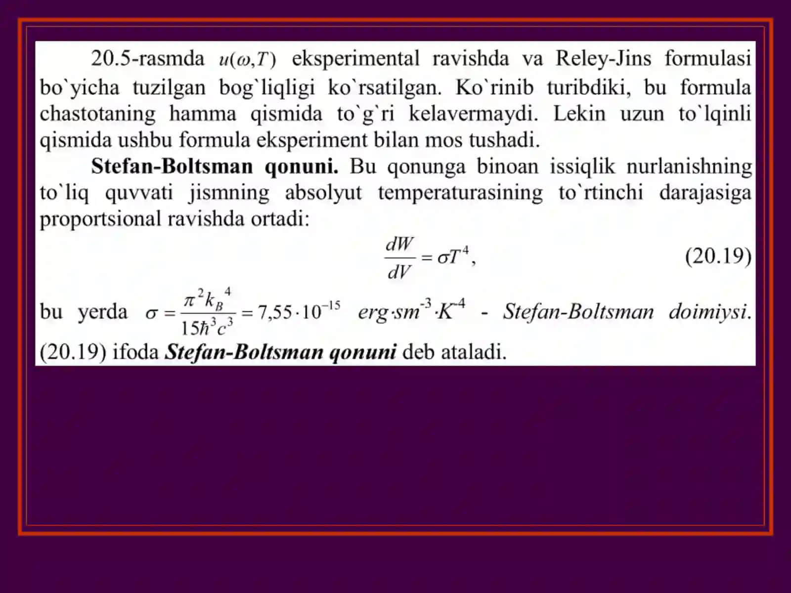 Stefan-Boltsman qonuni, Vinning siljish qonuni, Plank formulasi 3