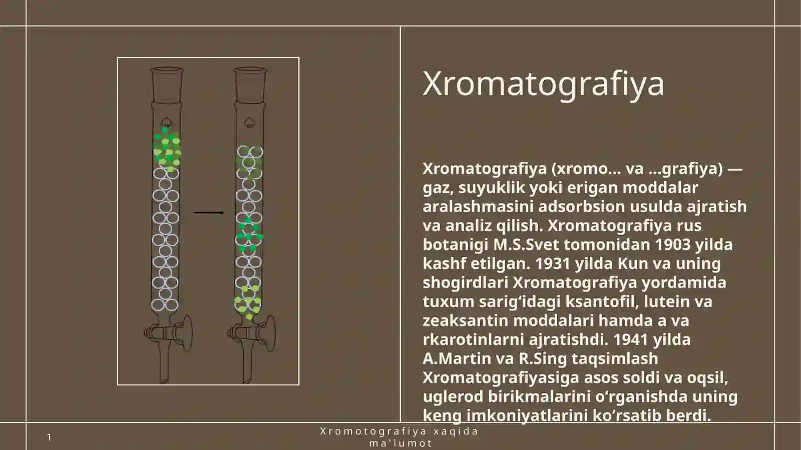 Xromatografiya (xromo... va...grafiya) — gaz, suyuklik yoki erigan moddalar aralashmasini adsorbsion 3