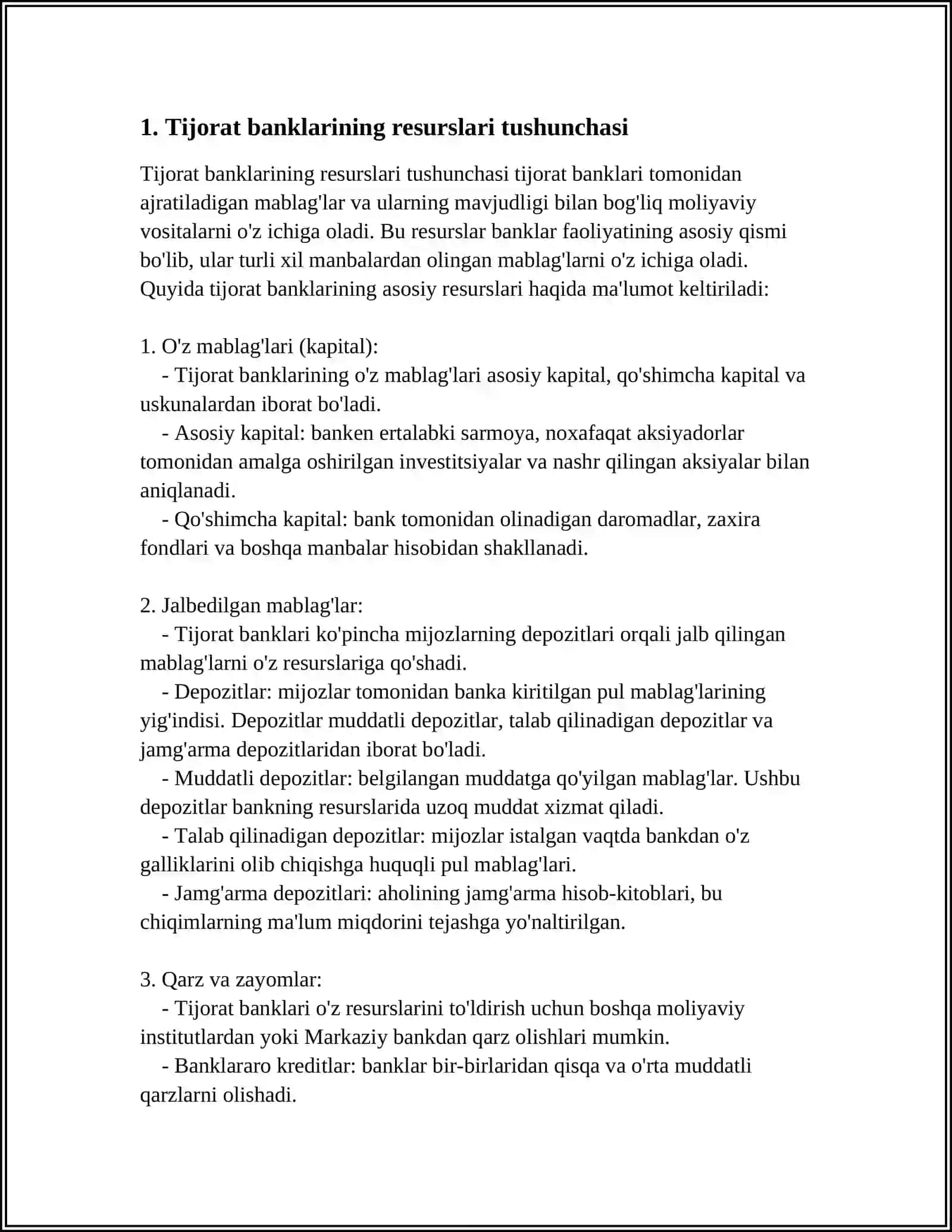 TIJORAT BANKLARINING RESURSLARI, ULARNING TARKIBI VA TAVSIFI 3