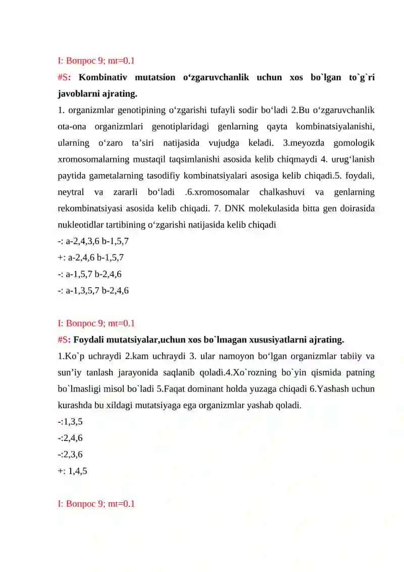 O’zgaruvchanlik shakllari, paydo bo’lish mexanizmlari test 3