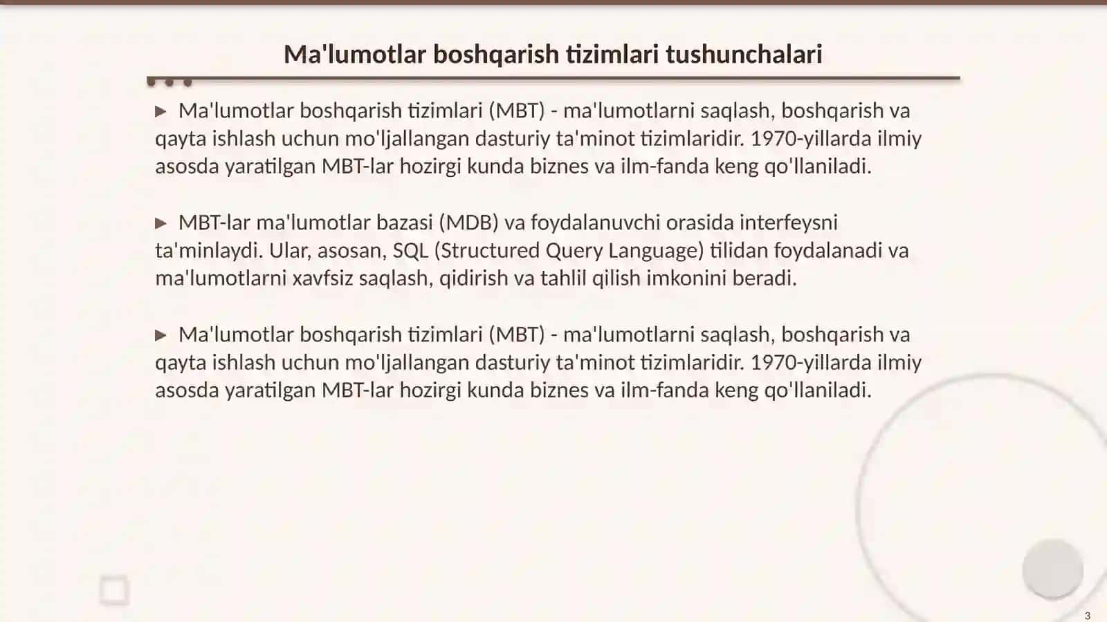 Ma'lumotlar boshqarish tizimlari 3
