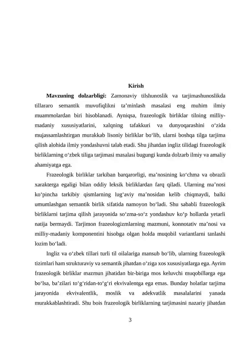 Ingliz tilidagi frazeologik birliklarning oʻzbek tilidagi tarjimasi 3