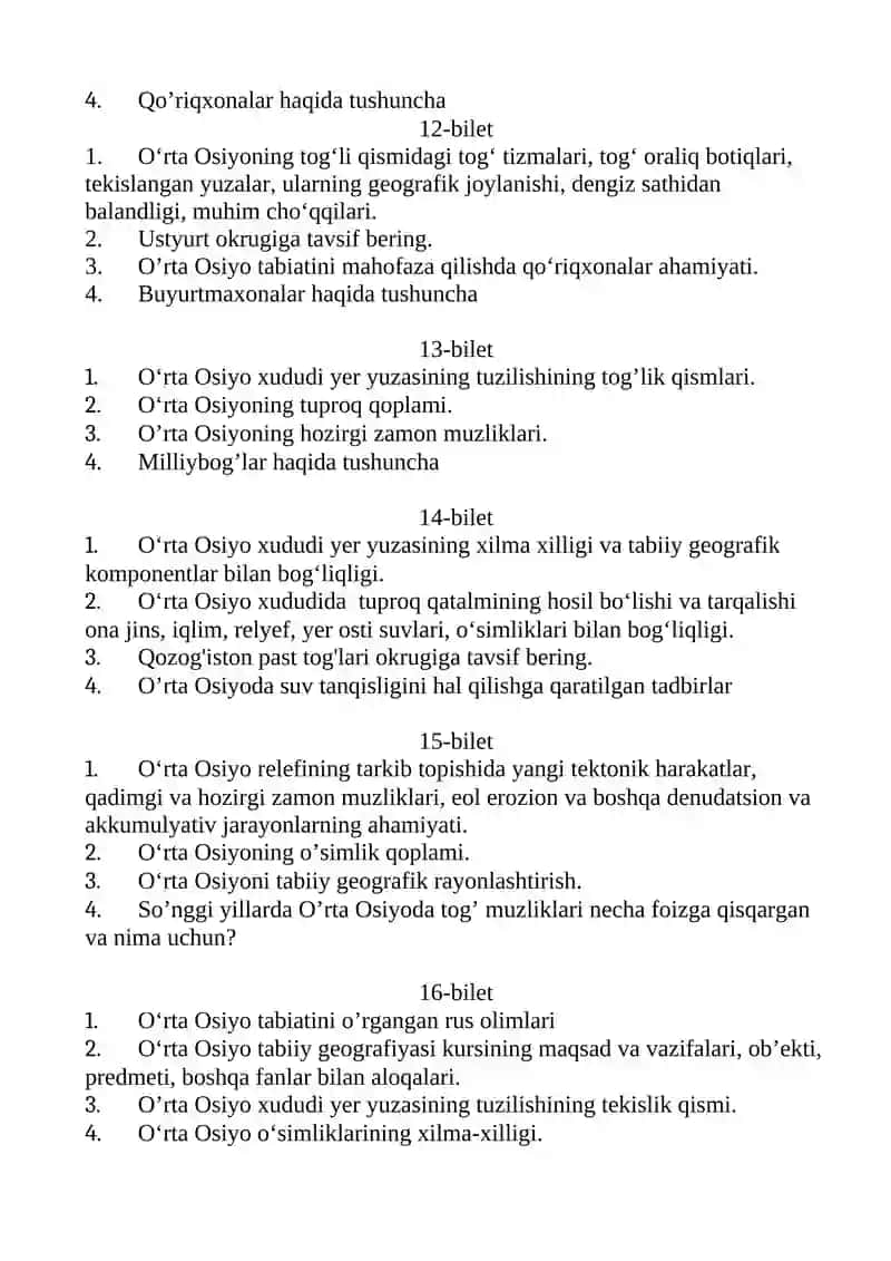 O‘rta Osiyo tabiiy geografiyasi fanidan yakuniy nazorat savollari 3