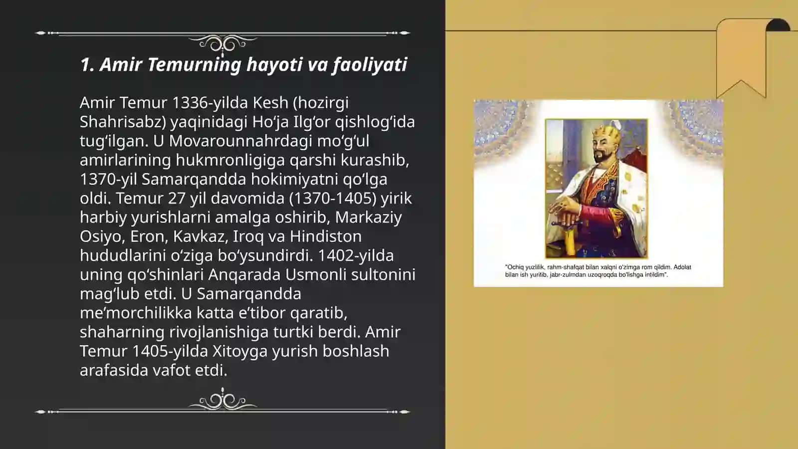 Amir Temur davlat arbobi mavzusida 15 ta listdan iborat slayd 3