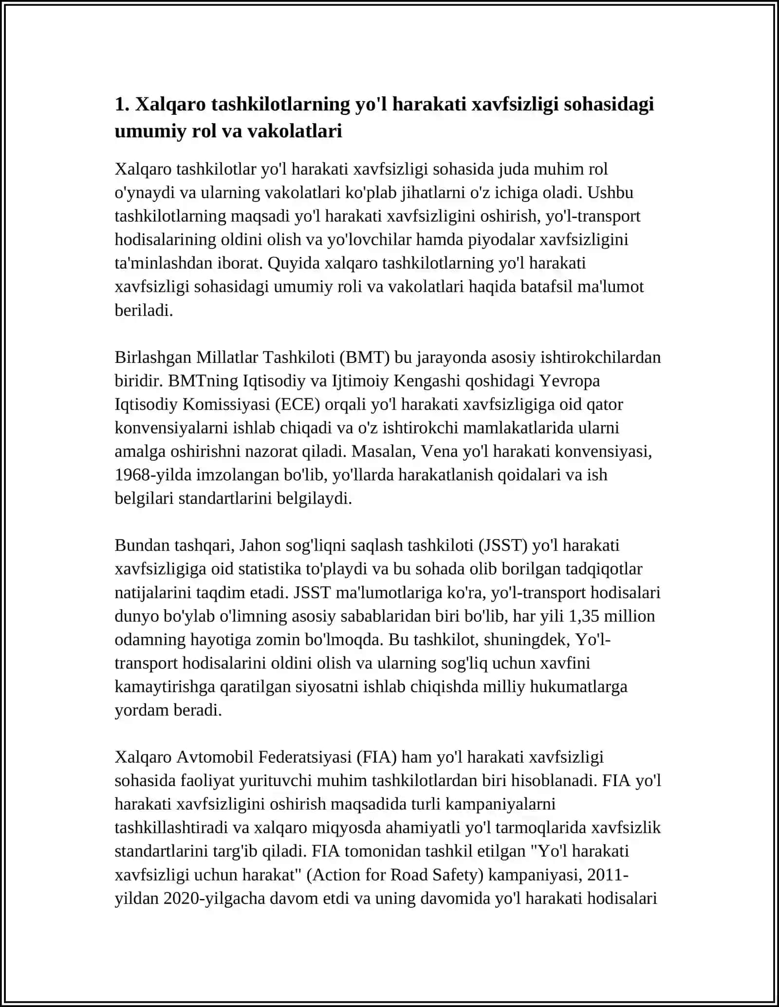 XALQARO TASHKILOTLARNING YO'L XARAKATI XAVFSIZLIGINI TARTIBGA SOLISHDAGI RO'LI VA VAKOLATLARI 3
