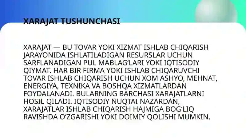 Xarajat tushunchasi 3
