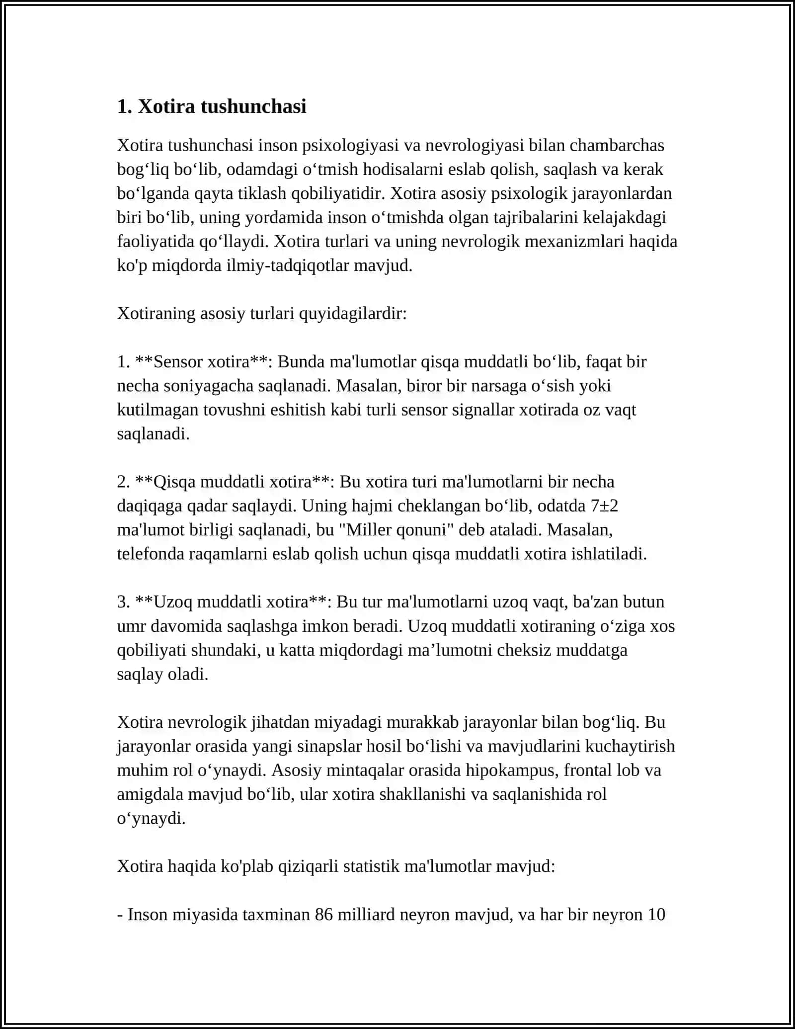 XOTIRA HAQIDA TUSHUNCHA VA UNING NERV-FIZIOLOGIK ASOSI. XOTIRA TURLARI VA UNING JARAYONLARI 3