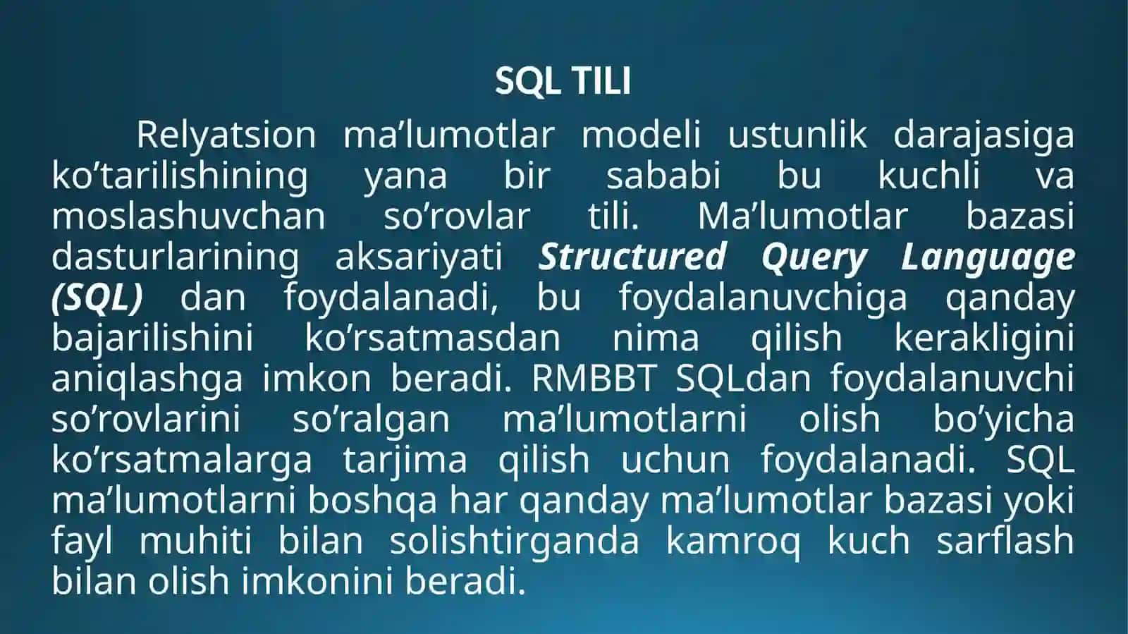 SQL TILI.SQL OPЕRATORLARINIYOZISH 3