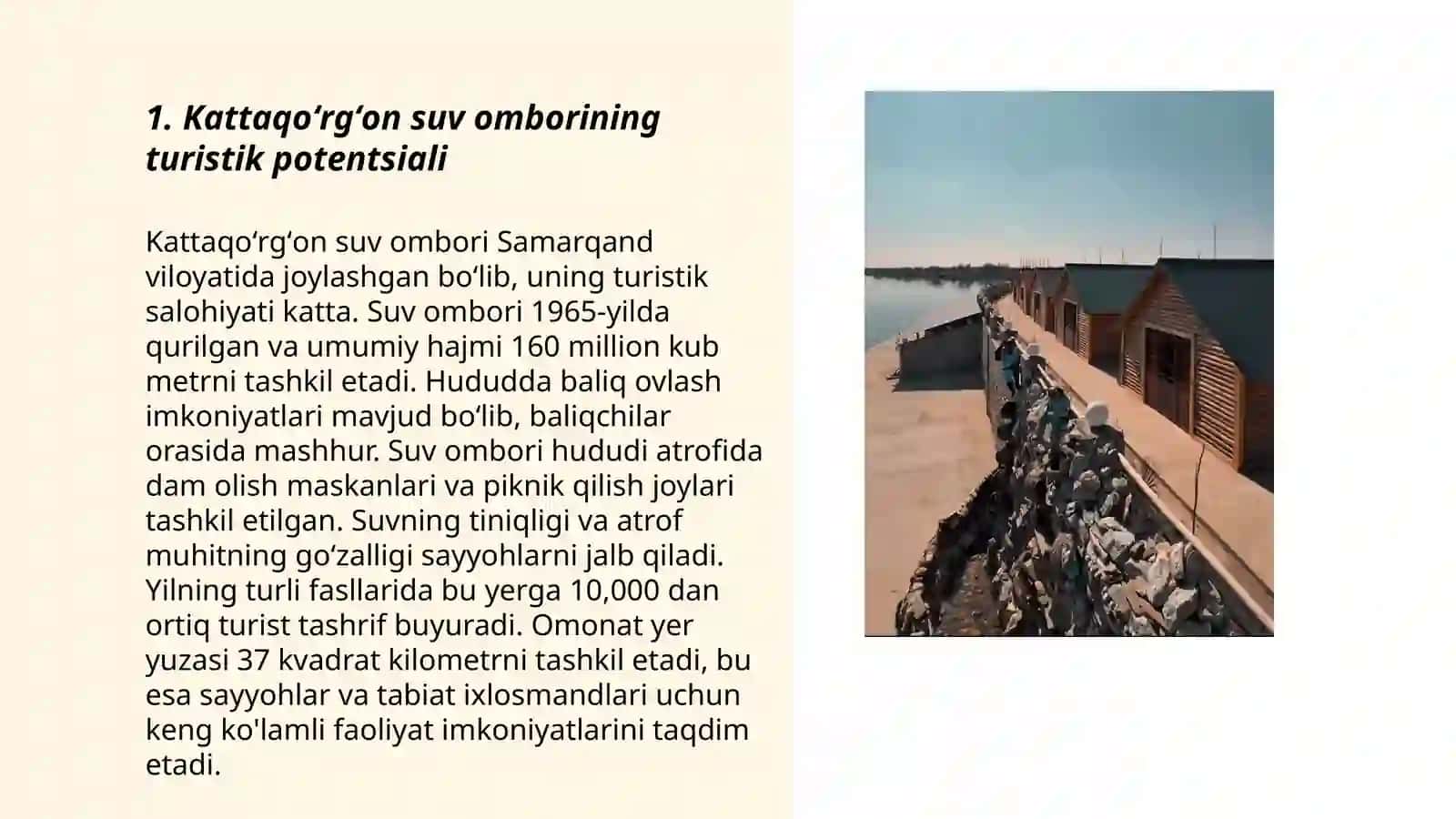 Kattaqoʻrgʻon suv ombori turizm istiqboli 3