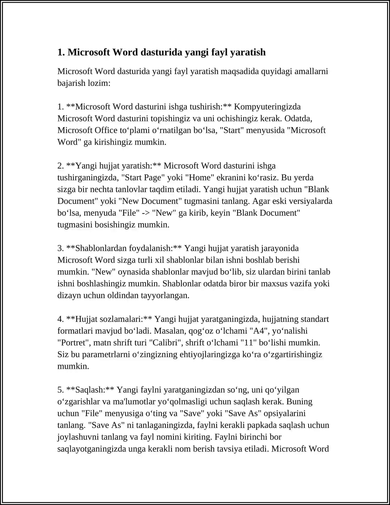 MICROSOFT WORD MATN MUHARRIRIDA FAYL YARATISH, MATNLI AXBOROTLAR BILAN ISHLASH, TAHRIRLASH, TARTIBLASH, SARALASH, SAQLASH VA CHOP ETISH 3