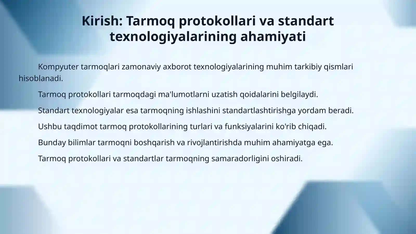 Kompyuter tarmoqlarining protokollari tarmoqning standart texnologiyalari 3