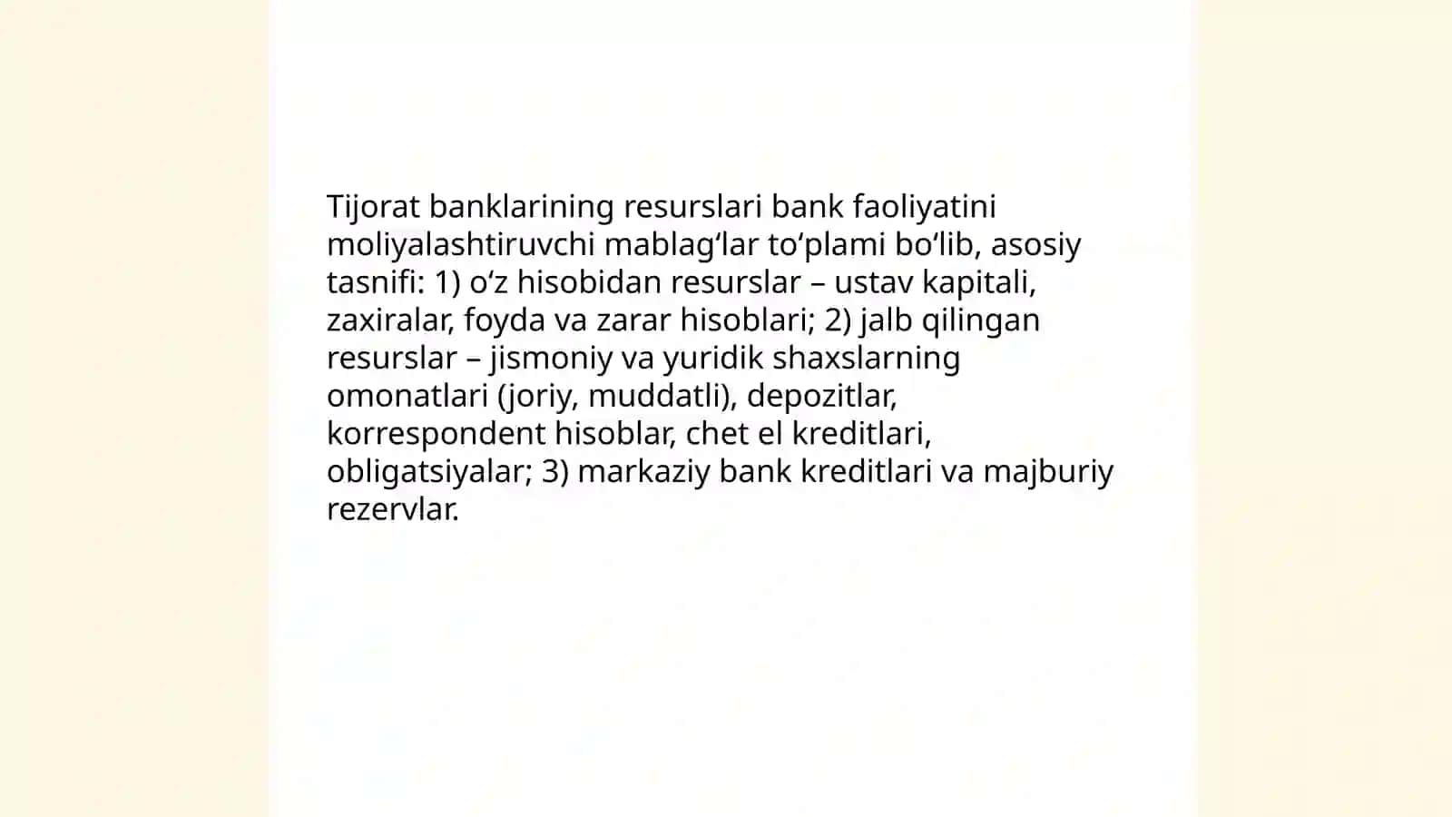Tijorat banklarining resurslari va ularning tarkibi 3