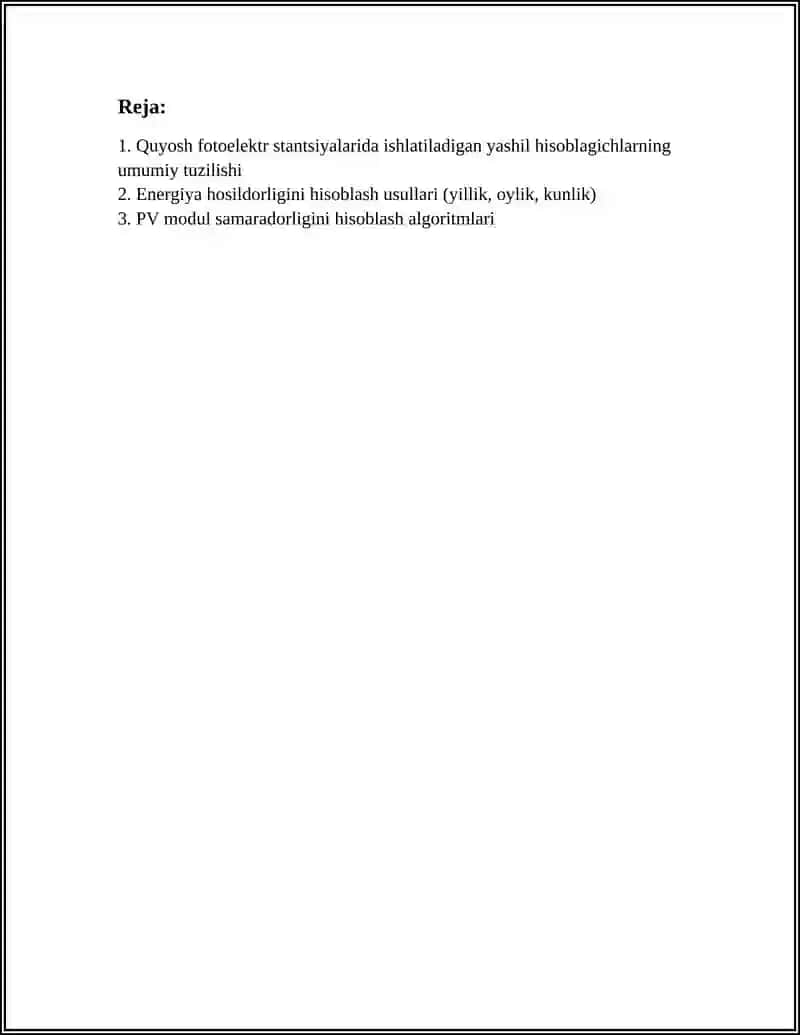 QUYOSH FOTOELEKTRIK STANTSIYALARIDA QO'LLANILADIGAN ELEKTR ENERGIYASINI HISOBLAGICHLAR (YASHIL HISOBLAGICHLAR) 3