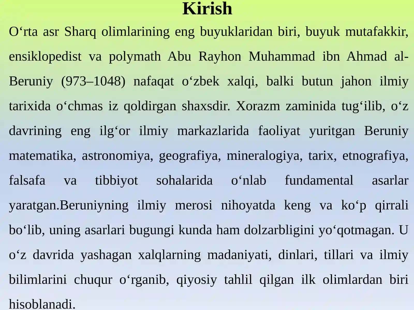 Abu Rayhon Beruniy (973-1048) asarlarining roʻyxatini tuzish. 3