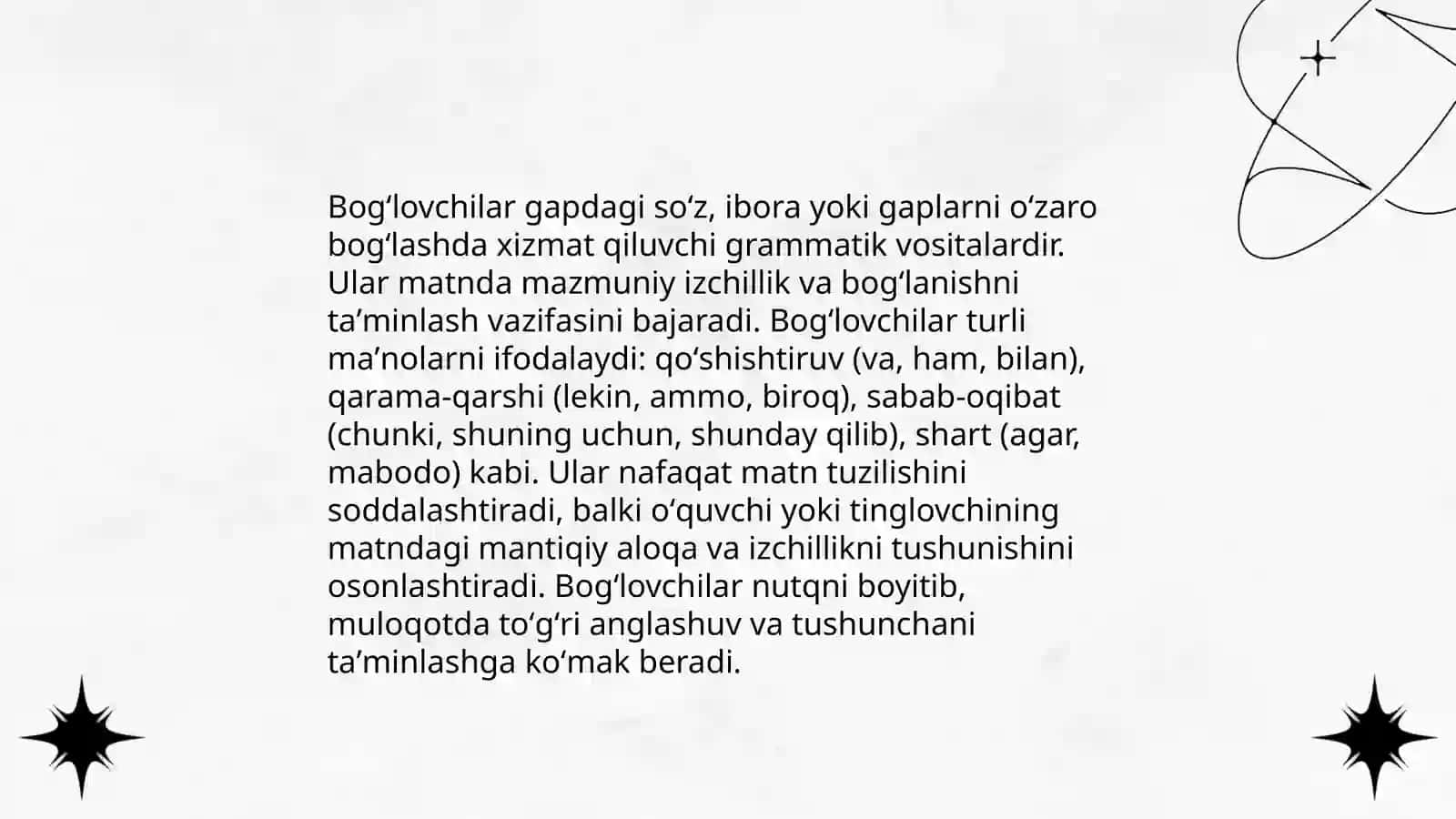 Bogʻlovchi va koʻmakchi soʻzlar 3
