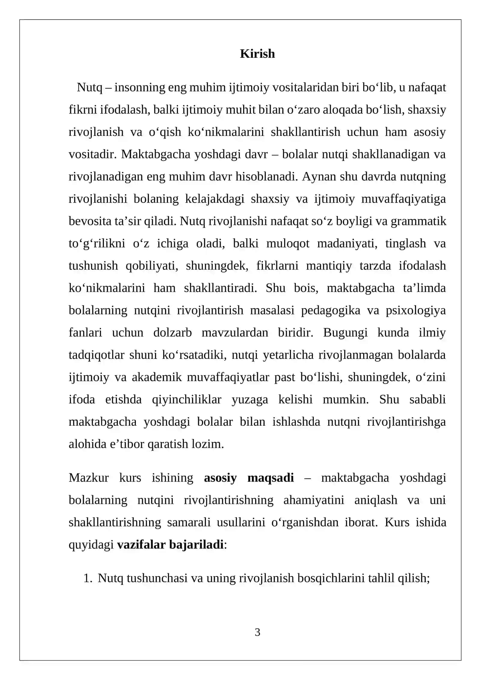 Maktabgacha yoshdagi bolalar nutqini o‘stirishning ahamiyati. Kurs ishi 3