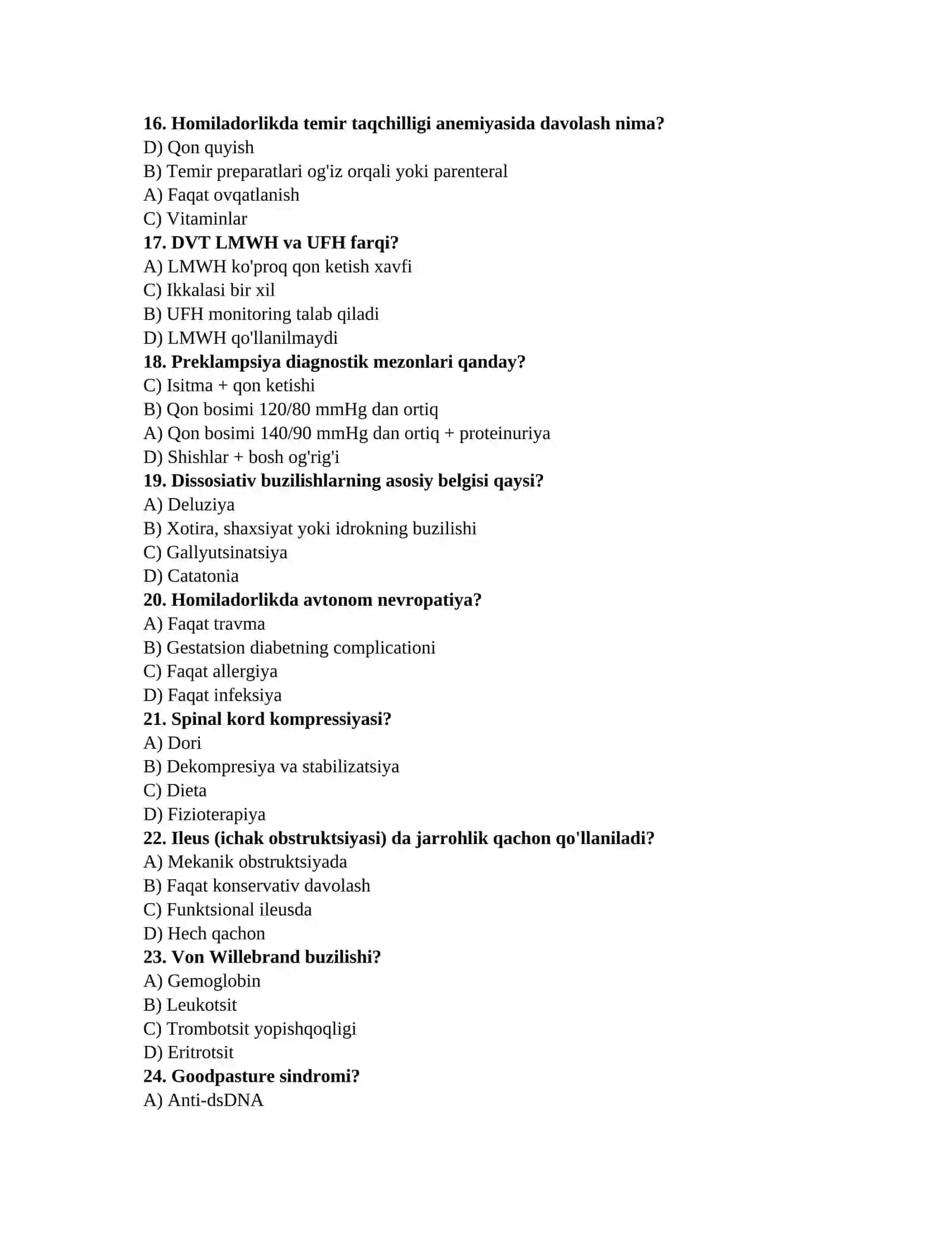 Tibbiy savollar: TAYYORGARLIK TEST TO'PLAMI 3