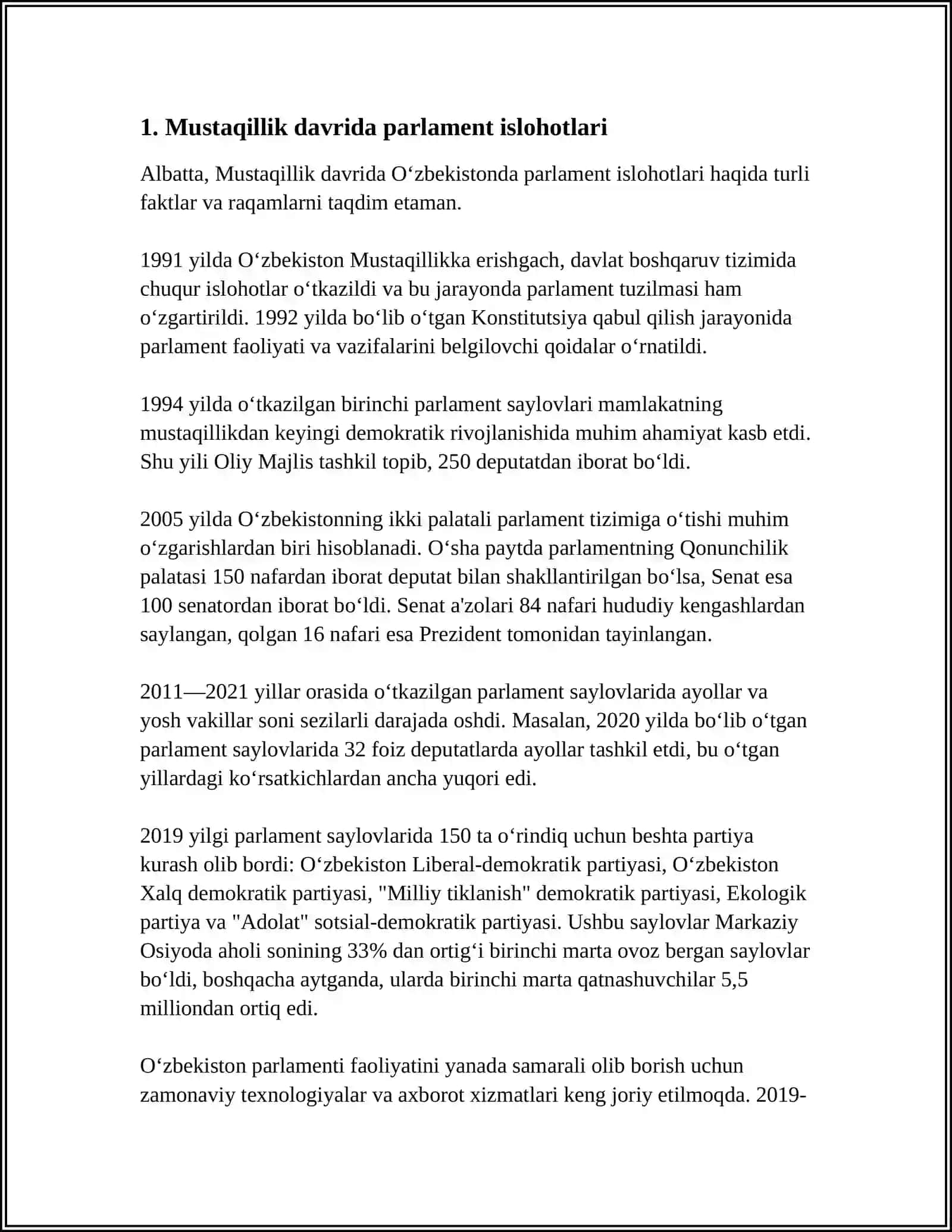 O'zbekistonda Parlament Sohasida Amalga Oshirilgan Ishlohlar 3
