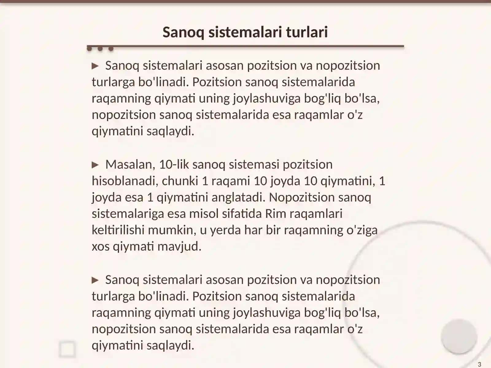 Turli sanoq sistemalari haqida tushuncha.Pozitsion va nopozitsion sanoq sistemalari 3