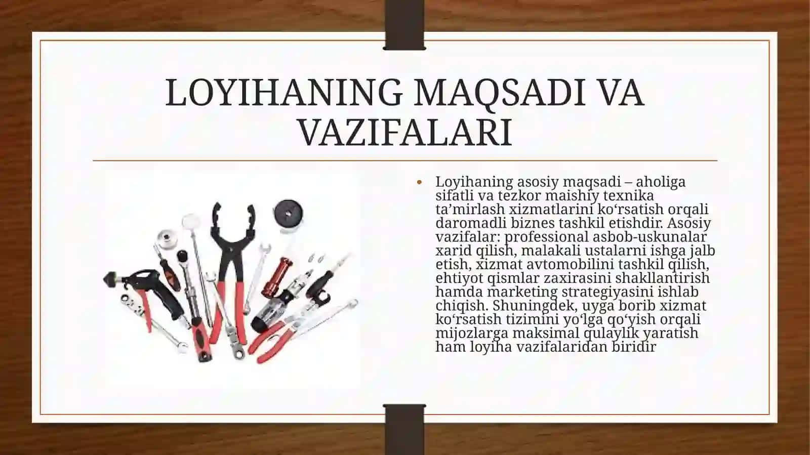 (100 millionlik loyiha ishi) Uy-ro‘zg‘orma ishiy texnikalari inta’mirlash xizmatini ta’shkil etish 3