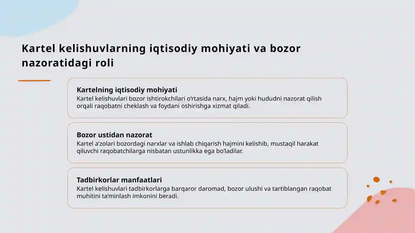 Tadbirkorlar kartel kelishuvlar tuzish sabablari 3