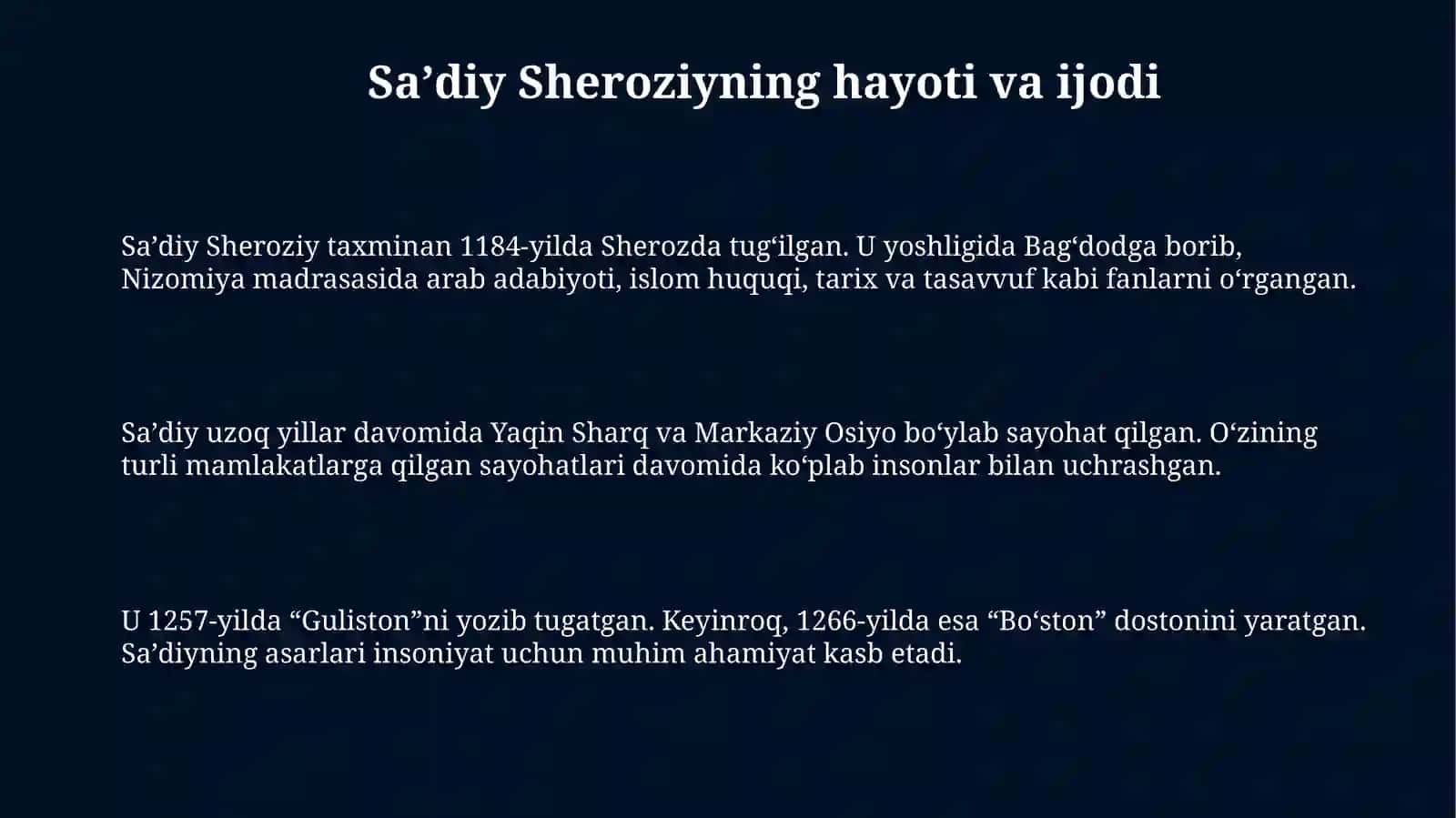 Sa’diy Sheroziy “Guliston” asarining Sharq adabiyotidatutgano‘rni 3