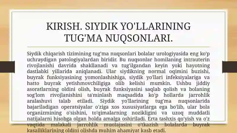 Siydik yoʻllarining tugʻma nuqsonlarida bajariladigan operatsiyalar 3