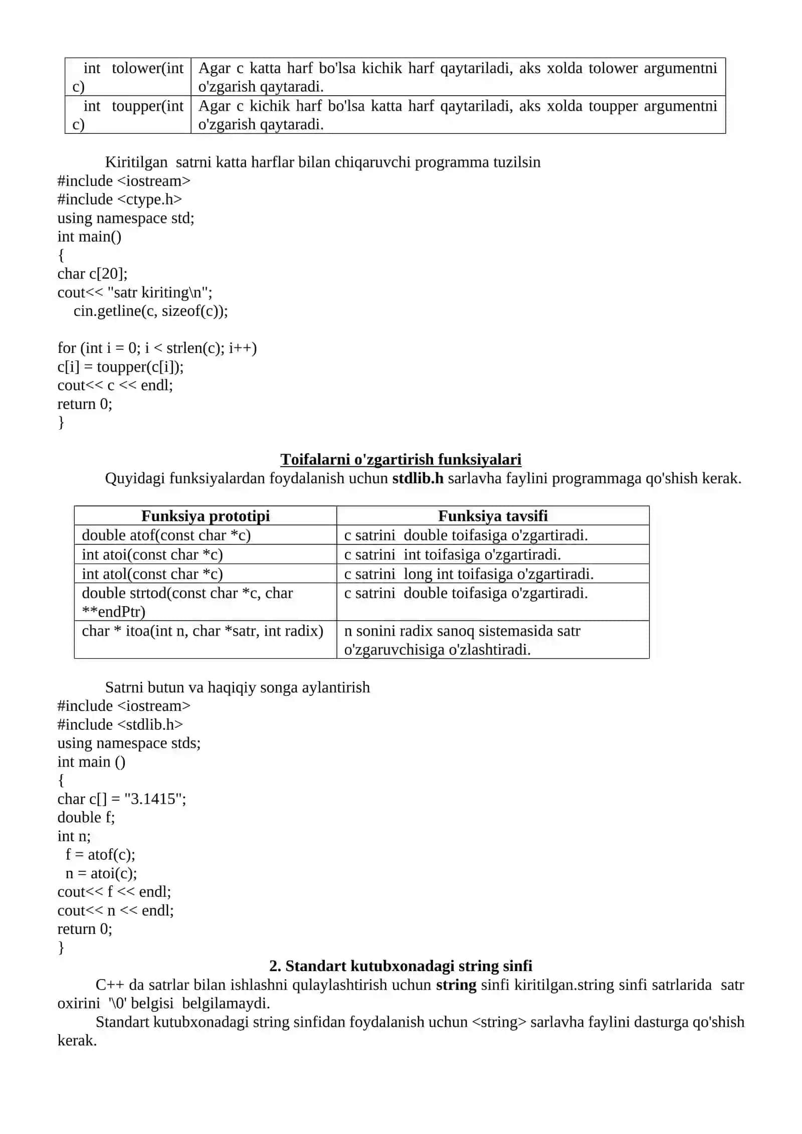 С++ dasturlash tilining aralash toifasi. C++ da satrlar bilan ishlash. 3
