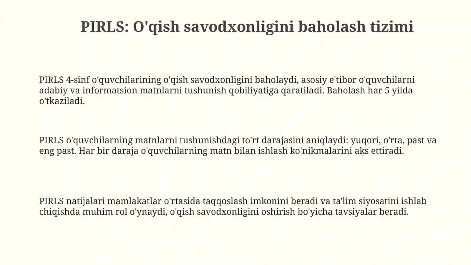 PIRLS tadqiqotida oʻqish savodxonligining darajalari 3
