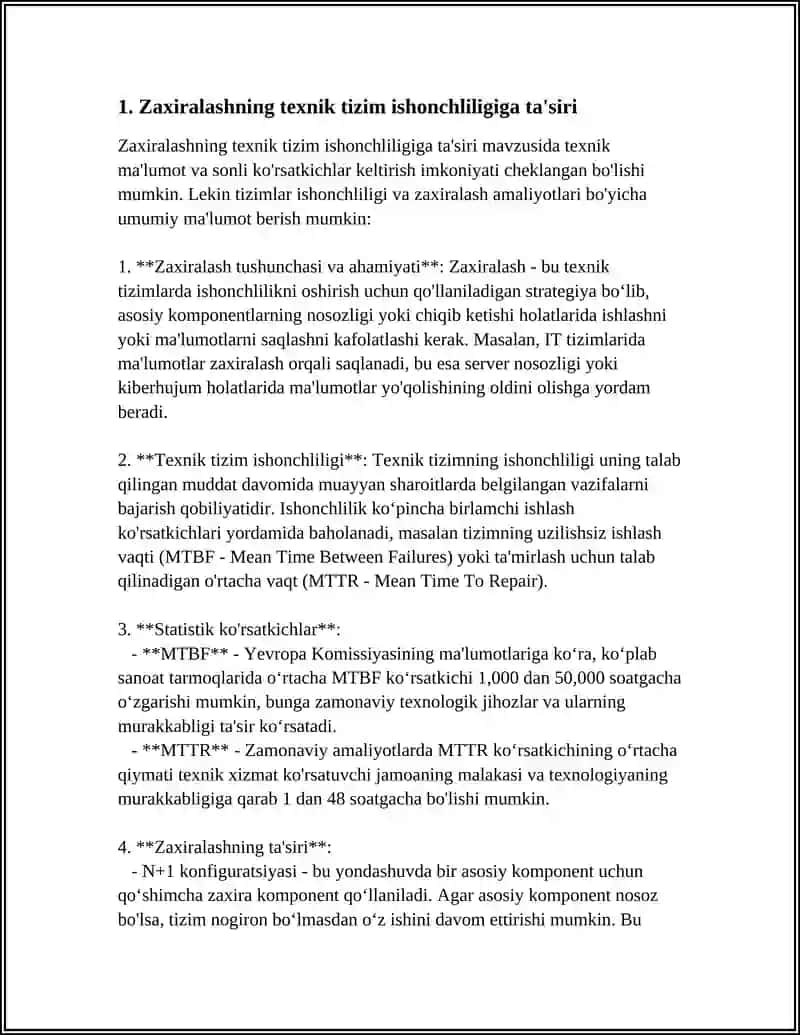 TEXNIK TIZIM ISHONCHLILIGINI OSHIRISHDA ZAXIRALASHNING ÖRNI 3