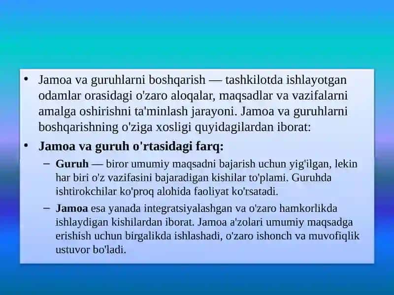 Mavzu:Jamoa va guruhlarni boshqarishning o`ziga xosligi 3