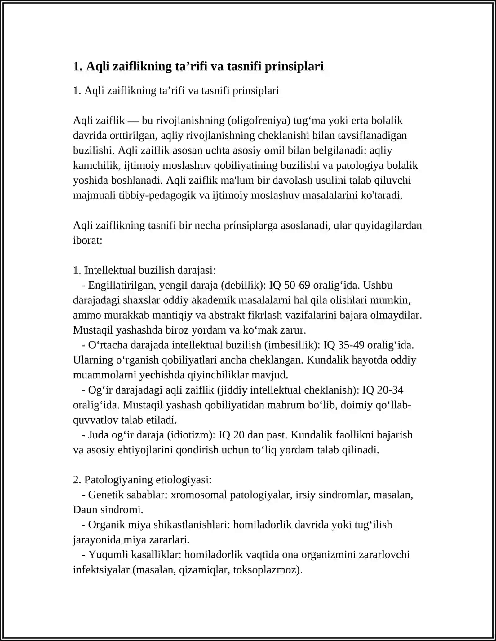Aqli Zaiflikning Tasnifi 3
