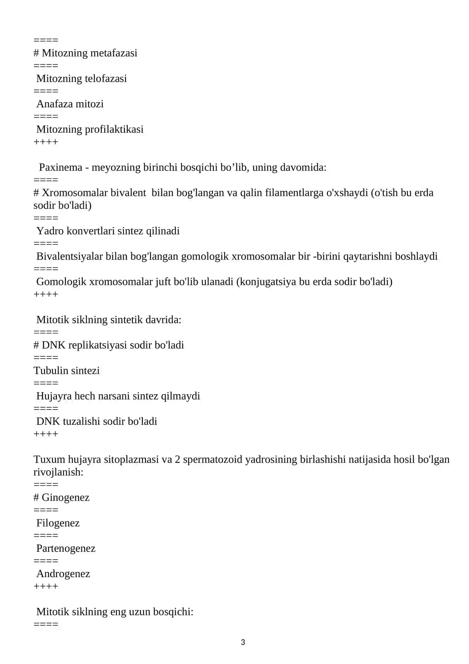 TIBBIY BIOLOGIYA FANIDAN PLATFORMA TEST HAMMASI 1-kurs 3