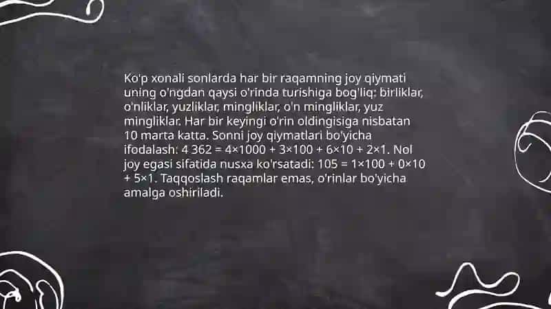 Ko’p xonali sonlar ustida ishlash va ular ustida arifmetik amallarni bajarishni o’rgatish 3
