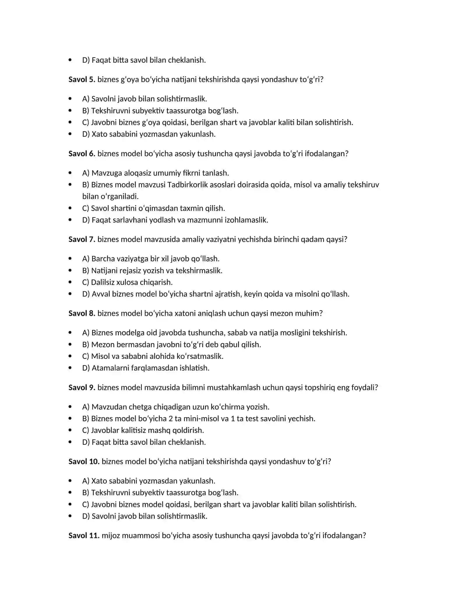 Tadbirkorlik asoslari — 100 test javoblari bilan 3