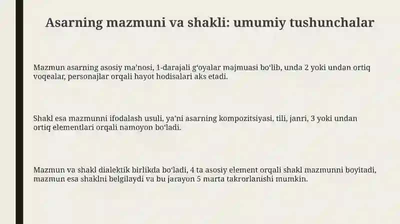 Badiiy asarda mazmun va shakl, mavzu va gʻoya 3