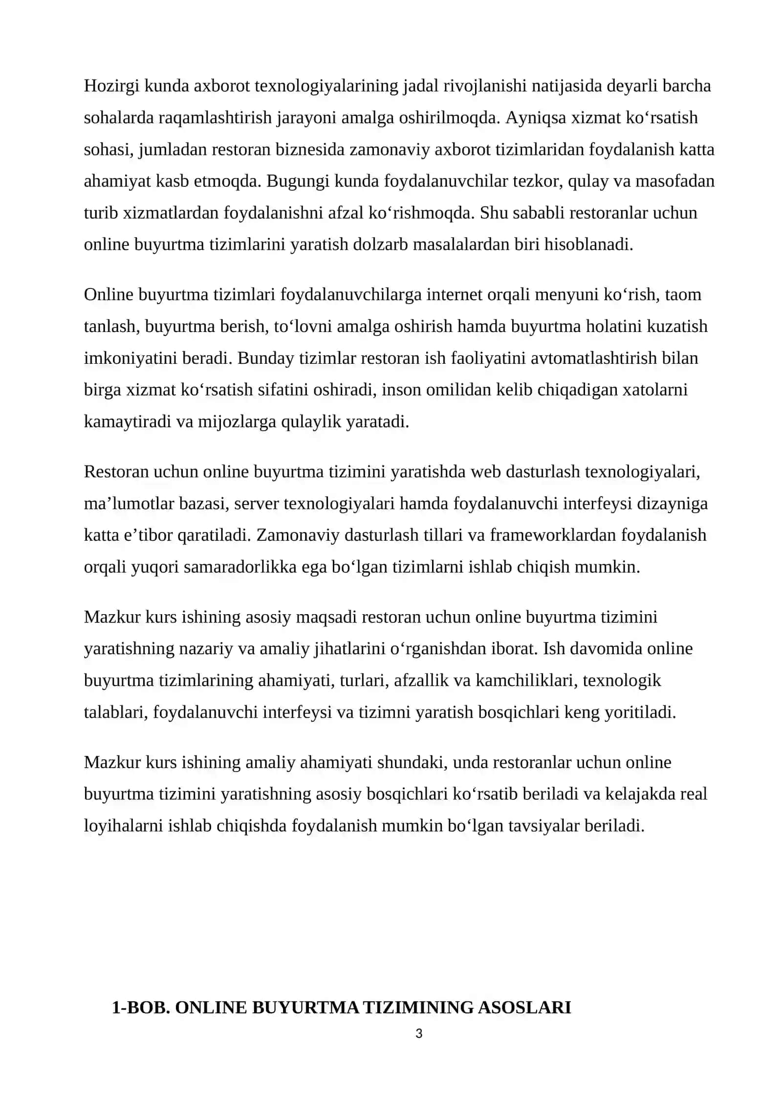 "Restoran uchun online buyurtma tizimi web saytini yaratish" 3