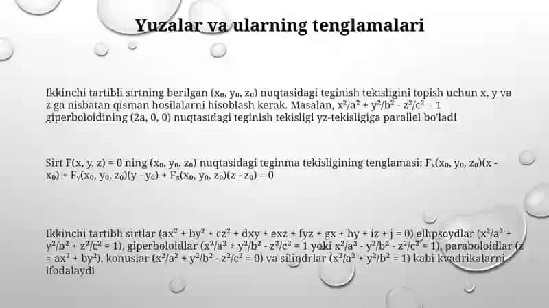 Ikkinchi tartibli sirtlarning urinma tekisligi 3
