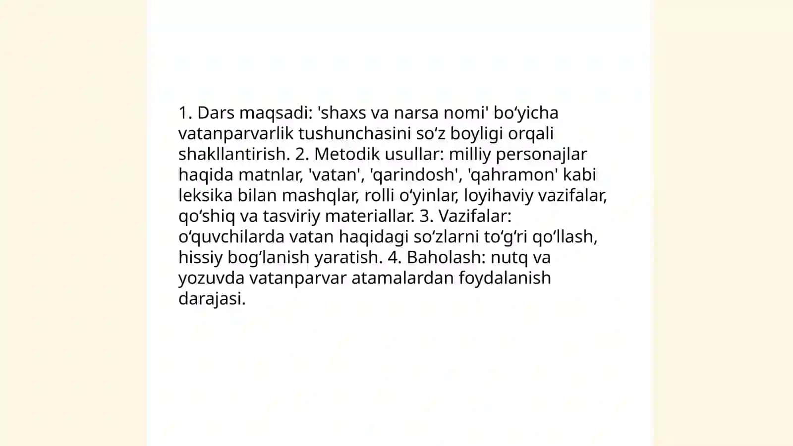 Shaxs va narsa nomini bildirgan so'zlar" mavzusi asosida o'quvchilarda vatanparvarlik tuyg'ularini shakllantirish metodikasi 3