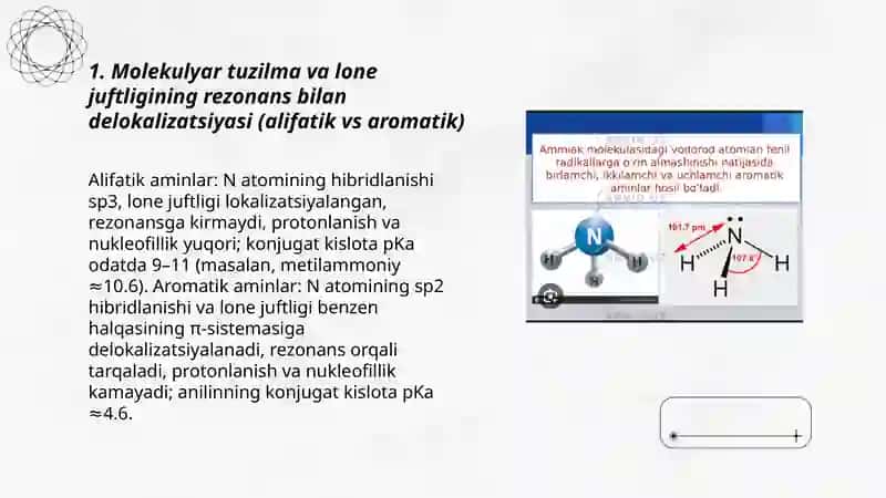 Molekulyar tuzilma va lone juftligining rezonans bilan delokalizatsiyasi (alifatik vs aromatik) 3
