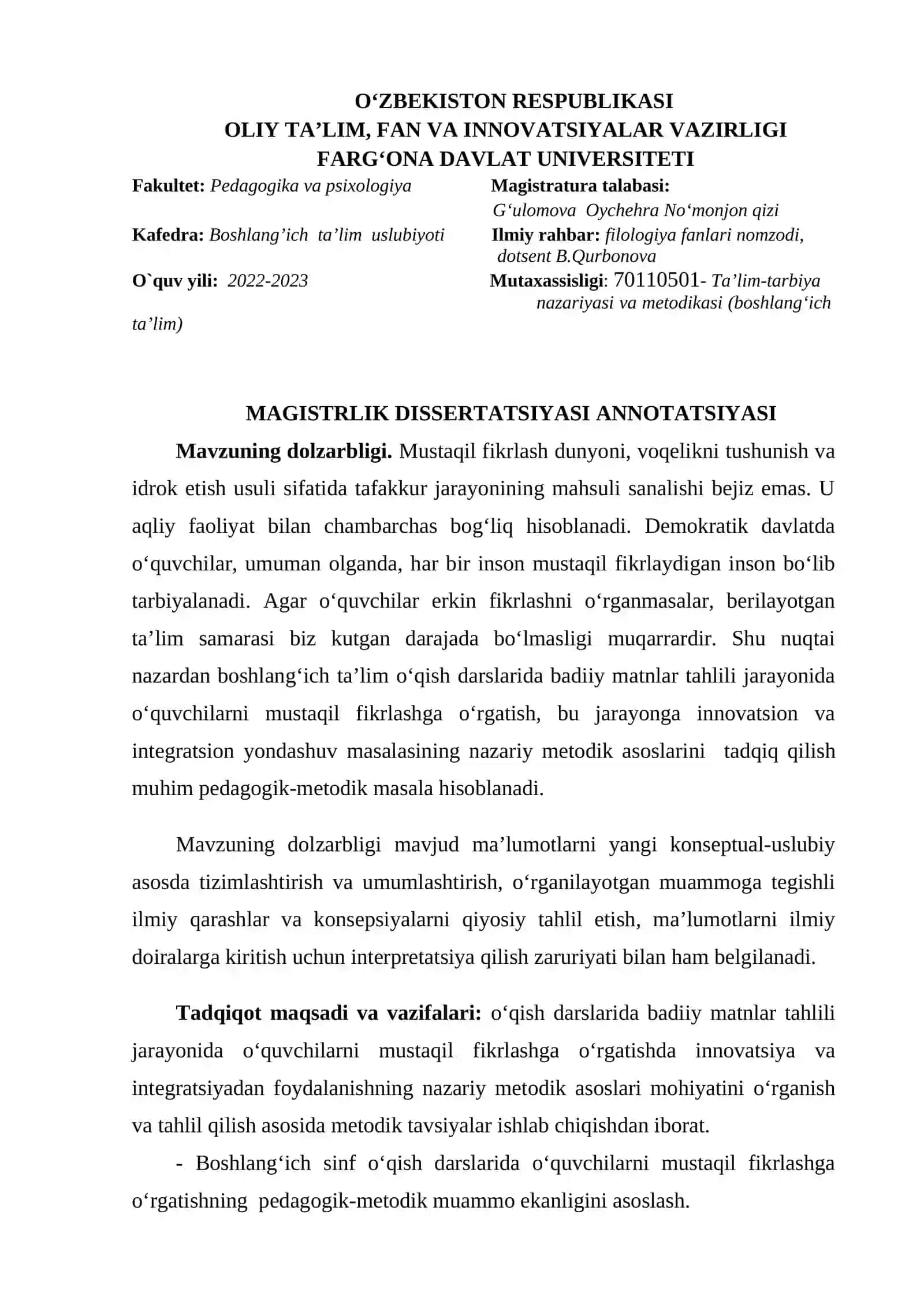 OʻQISH DARSLARIDA BADIIY MATNLAR TAHLILI ORQALI OʻQUVCHILARNI MUSTAQIL FIKRLASHGA OʻRGATISH USULLARI 3