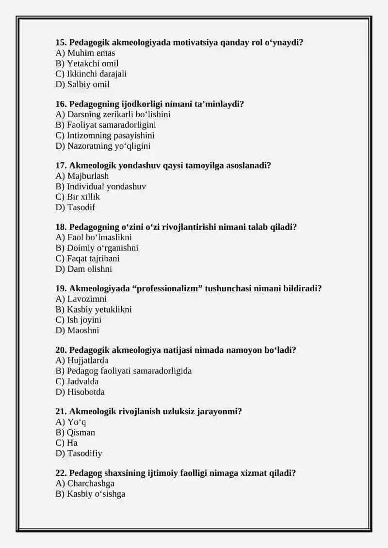 PEDAGOGIK AKMEOLOGIYA FANIDAN TEST SAVOLLARI 3