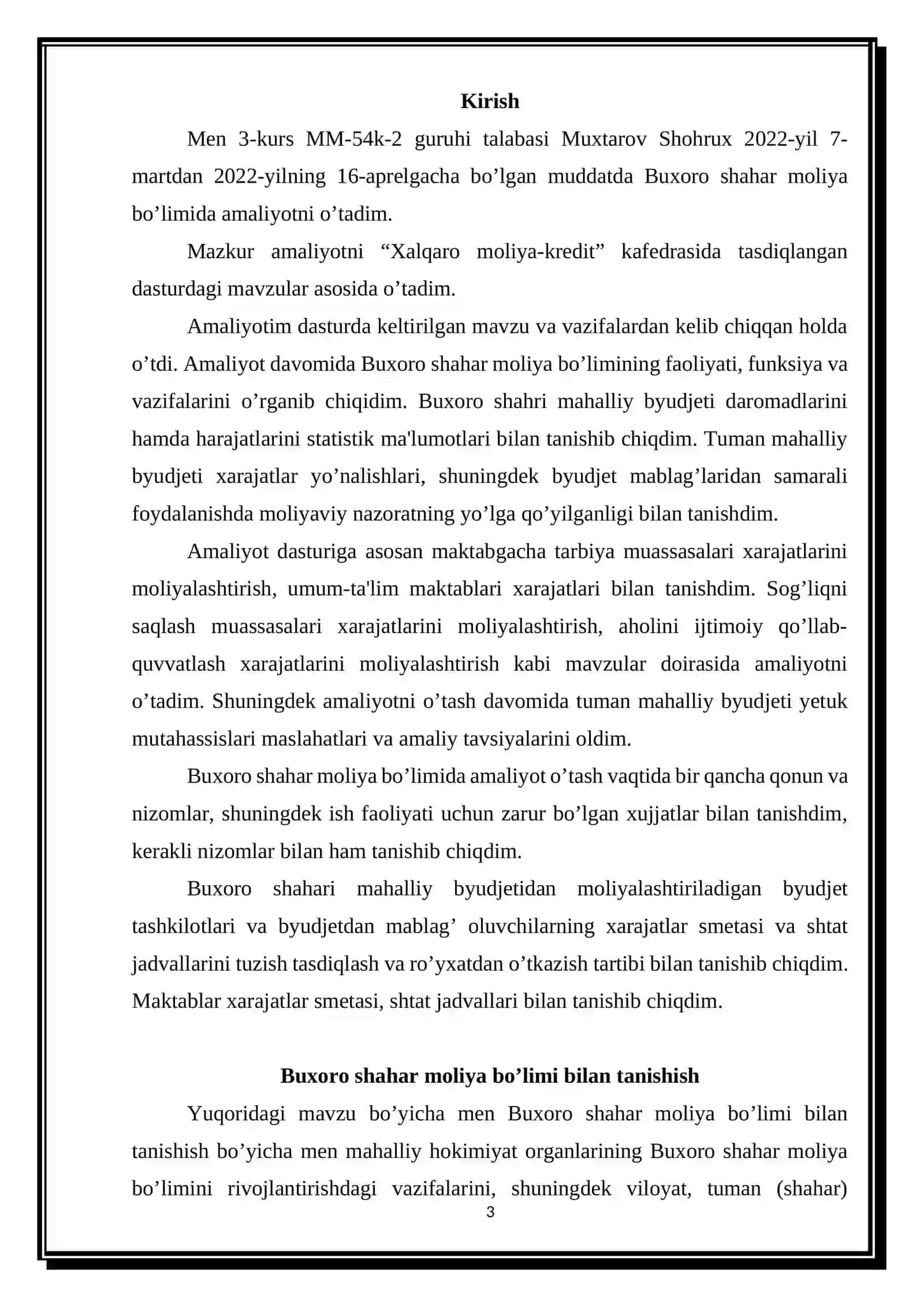 BUXORO SHAHAR MOLIYA BO’LIMI HISOBOTI 3