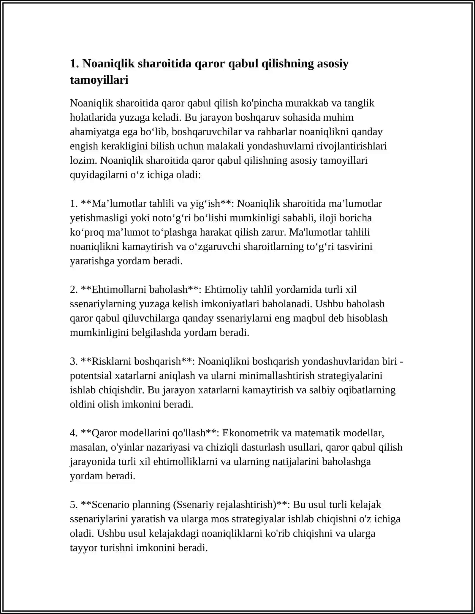 NOANIQLIK SHAROITIDA QARORLAR QABUL QILISH 3