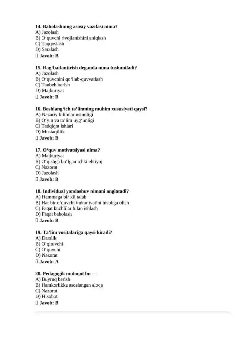 Pedagogika boshlangʻich sinf atestatsiya testlari 3