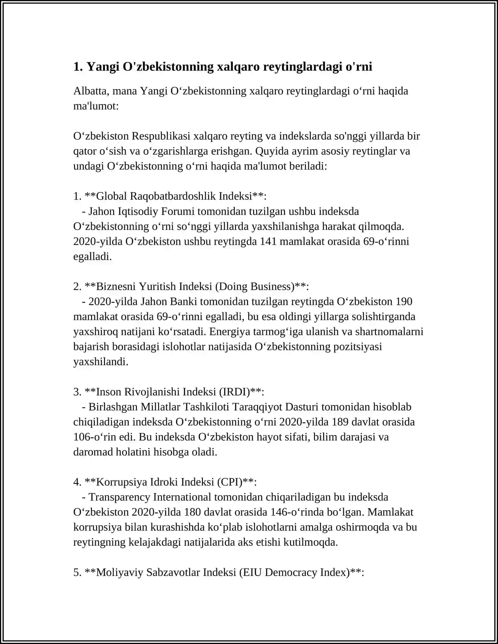 YANGI O’ZBEKISTON IJTIMOIY-SIYOSIY IQTISODIY VA MADANIY HAYOTIDA ROY BERAYOTGAN OZGARISHLARNING XALQARO REYTING VA INDELSLARDA AKS ETTISHI 3