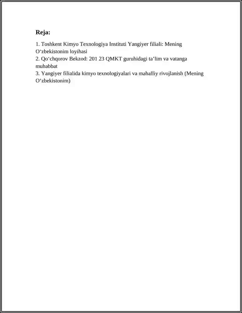 Toshkent Kimyo Texnologiya Instituti Yangiyer filiali: Mening Oʻzbekistonim loyihasi 3
